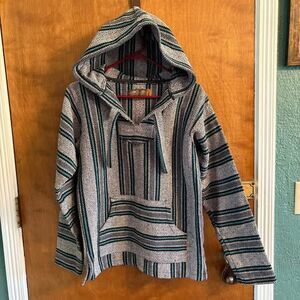 Retrofit Pullover Baja Hoodie Mexican Rug Sweatshirt Grey Blue Black Thick Small